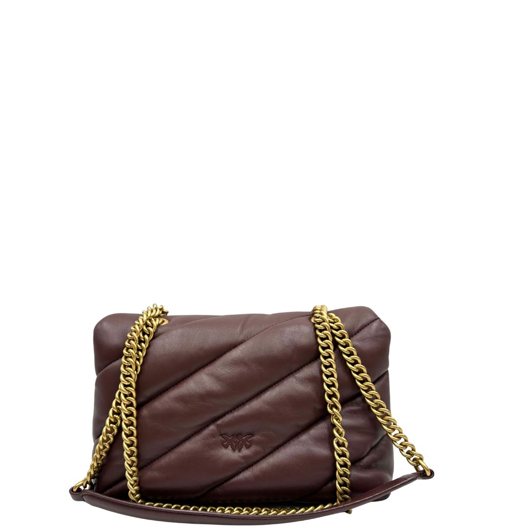 retro Borsa Pinko nella versione media in morbida nappa bordeaux trapuntata e hardware dorato, indossabile a tracolla o a spalla, di lusso, originale, ottime condizioni, usata