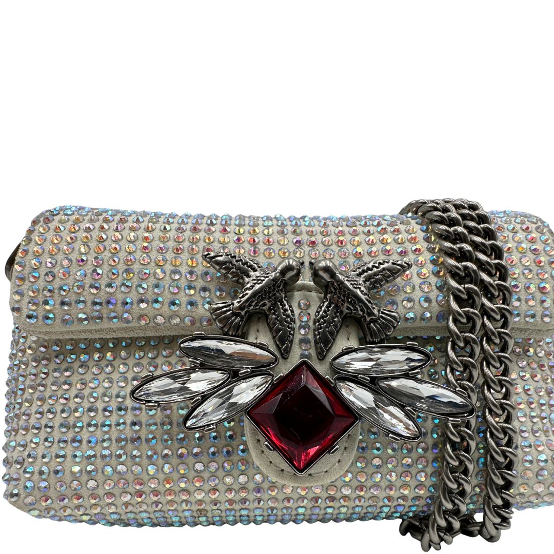  Borsa Micro Love Bag Pinko in pelle scamoscia impreziosita da strass su tutta la superficie, di lusso, usata, originale