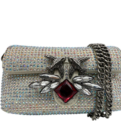  Borsa Micro Love Bag Pinko in pelle scamoscia impreziosita da strass su tutta la superficie, di lusso, usata, originale