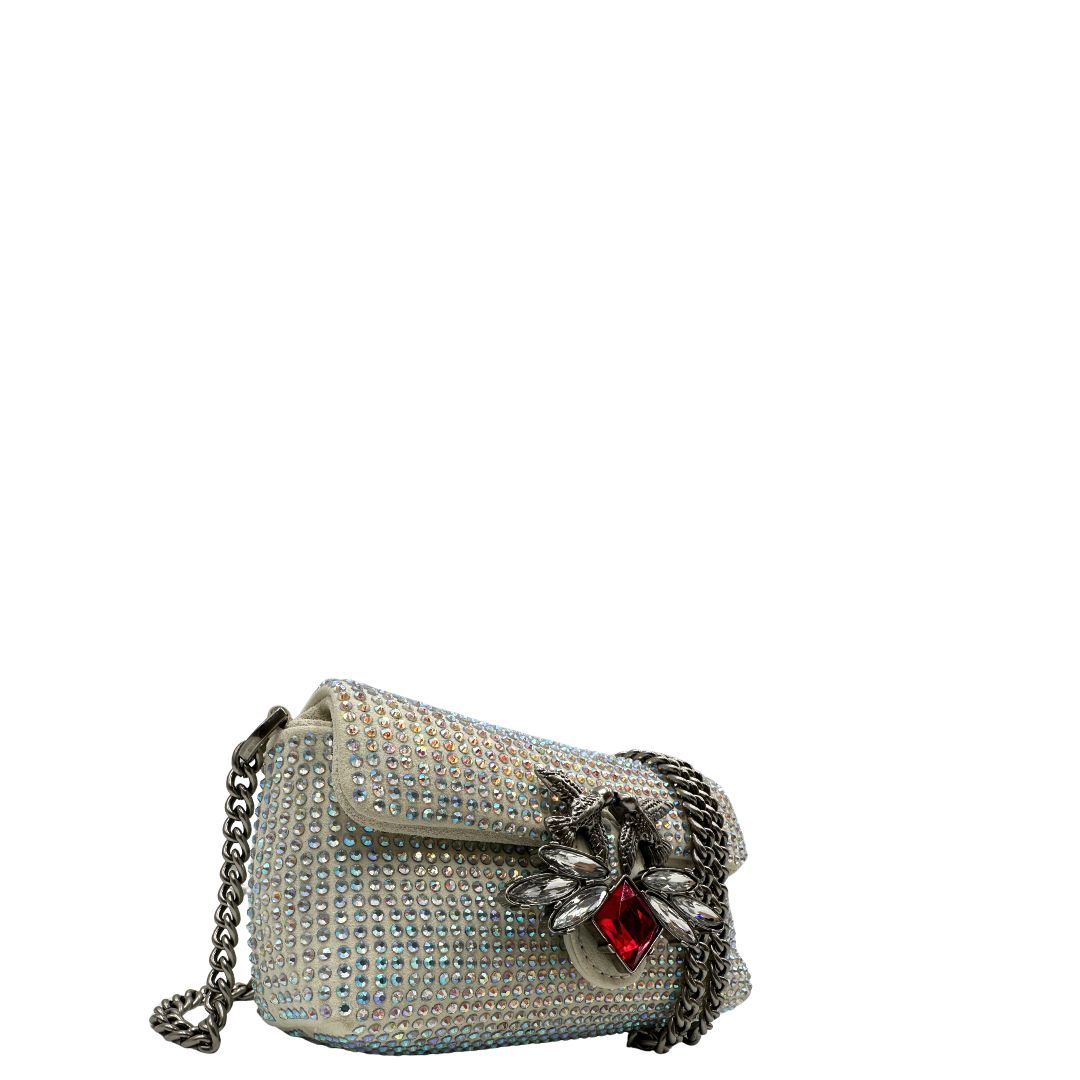 lato Borsa Micro Love Bag Pinko in pelle scamoscia impreziosita da strass su tutta la superficie, di lusso, usata, originale
