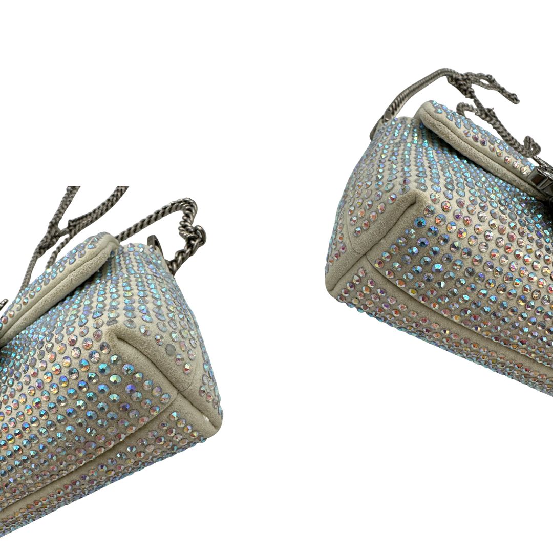 angoli  Borsa Micro Love Bag Pinko in pelle scamoscia impreziosita da strass su tutta la superficie, di lusso, usata, originale