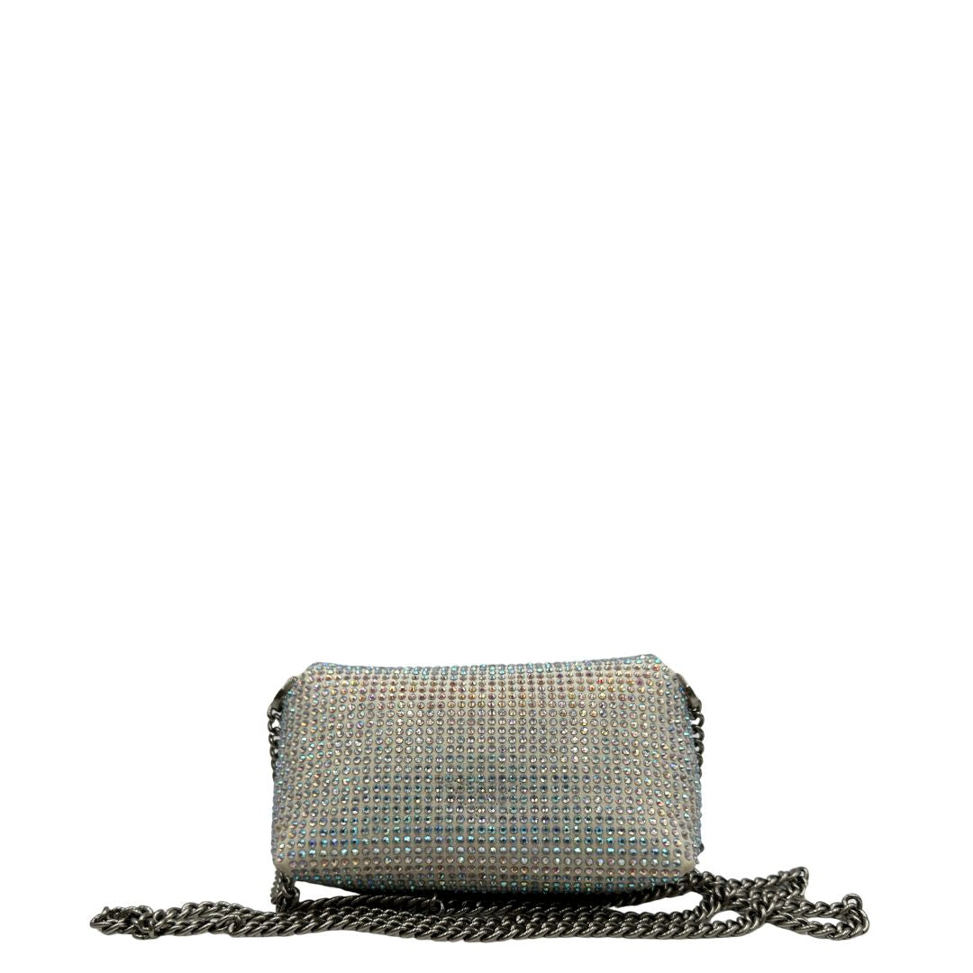 retro  Borsa Micro Love Bag Pinko in pelle scamoscia impreziosita da strass su tutta la superficie, di lusso, usata, originale 