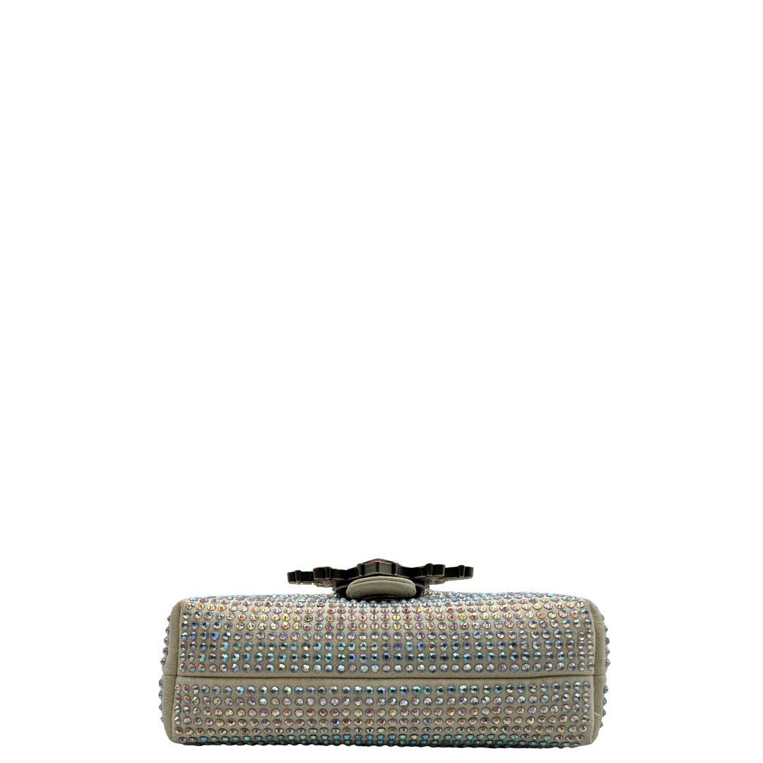 base  Borsa Micro Love Bag Pinko in pelle scamoscia impreziosita da strass su tutta la superficie, di lusso, usata, originale 