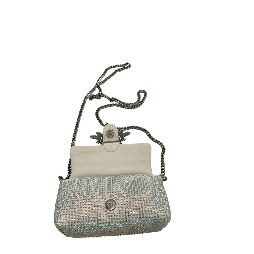 chiusura   Borsa Micro Love Bag Pinko in pelle scamoscia impreziosita da strass su tutta la superficie, di lusso, usata, originale