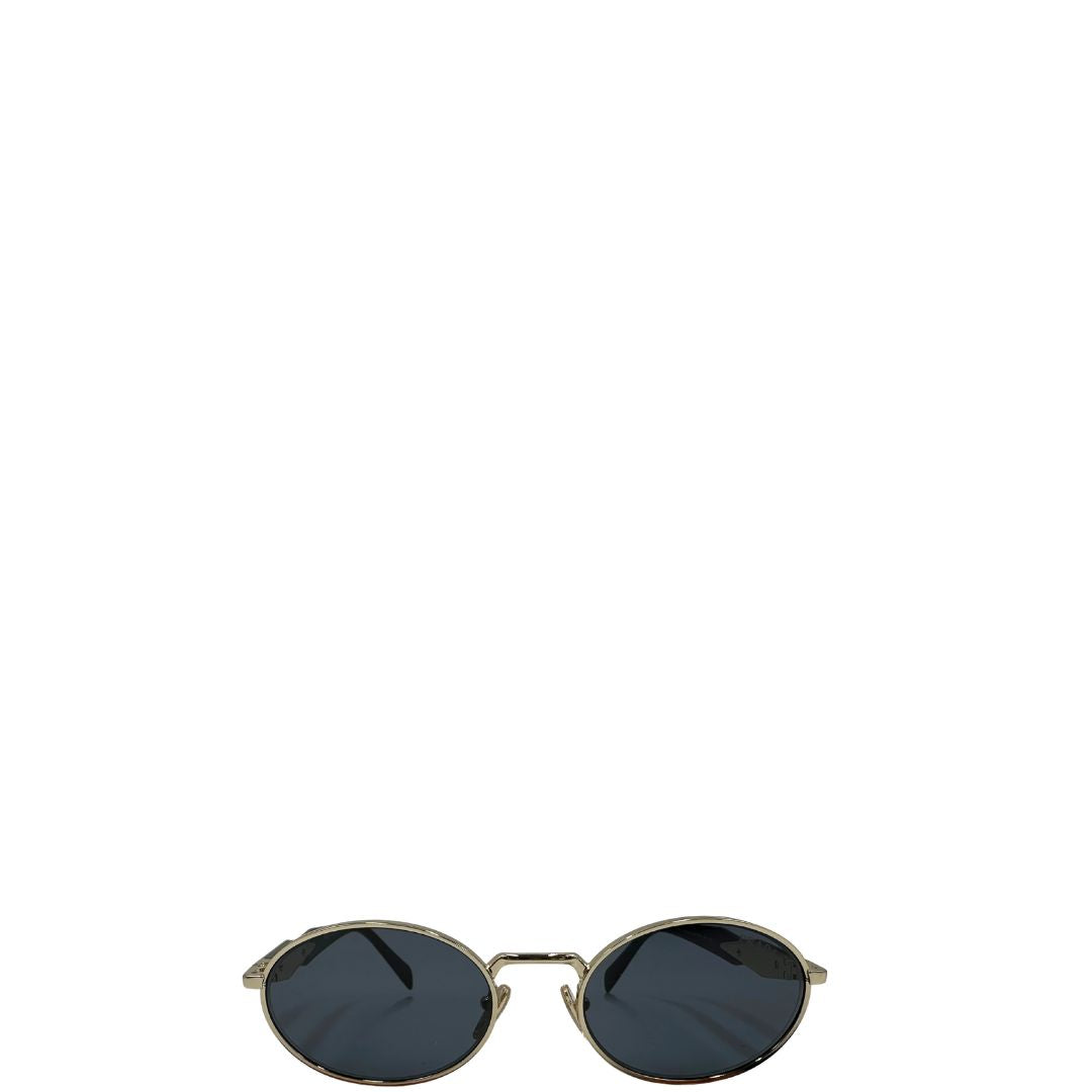  Occhiali da sole Prada dal design rotondo e sofisticato, con montatura in metallo dorato chiaro e lenti scure. Originale, usati, di lusso, in ottime condizioni.