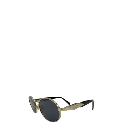  Occhiali da sole Prada dal design rotondo e sofisticato, con montatura in metallo dorato chiaro e lenti scure. Originale, usati, di lusso, in ottime condizioni.