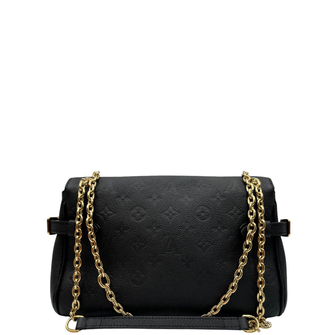 retro Borsa Louis Vuitton Anytime realizzata nell'iconica pelle Monogram Empreinte nera e impreziosita dall'elegante catenella scorrevole dorata, di lusso, originale, eccellenti condizioni. 