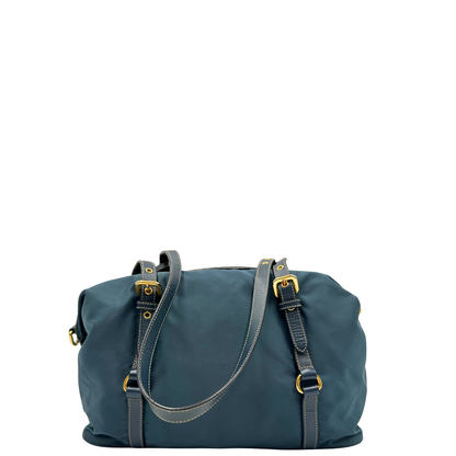 retro Borsa Prada in nylon color blu petrolio, finiture in pelle saffiano tono su tono e hardware dorato, di lusso, originale, ottime condizioni, usata 