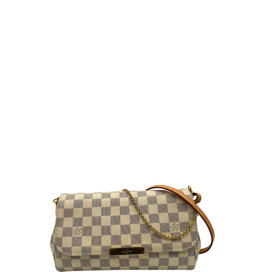 Front, Borsa Louis Vuitton Favorite in canvas Damier Azur con parti metalliche dorate. Munita di una tracolla amovibile in vacchetta naturale e un manico in catena. Originale, usata, di lusso, in ottime condizioni.