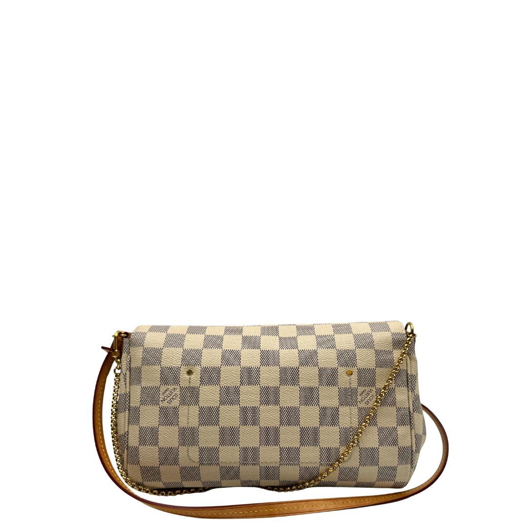 Retro, Borsa Louis Vuitton Favorite in canvas Damier Azur con parti metalliche dorate. Munita di una tracolla amovibile in vacchetta naturale e un manico in catena. Originale, usata, di lusso, in ottime condizioni.