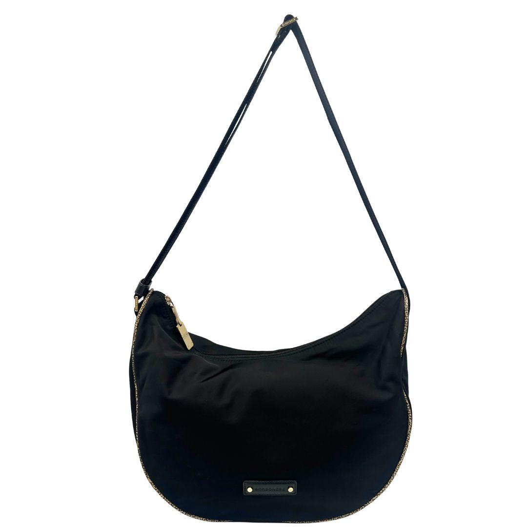Front, Borsa Borbonese nera con finiture in pelle tono su tono e profili trama occhio di pernice, di lusso, originale, ottime condizioni, usata