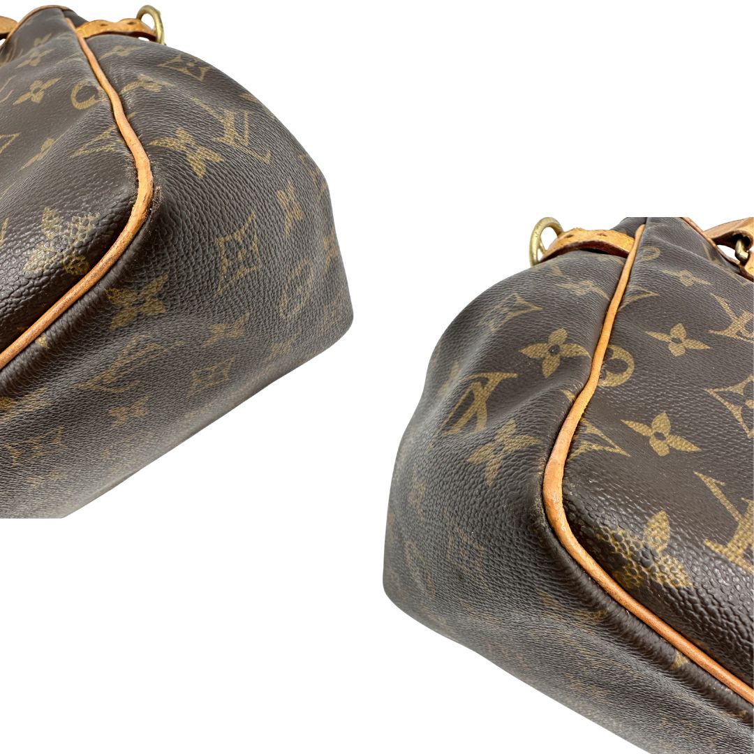  angoli Borsa LV in canvas marrone monogram con finiture in vacchetta naturale, di lusso, originale, buone condizioni.