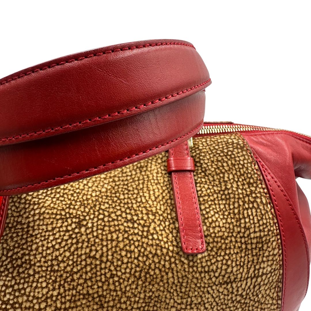 manici  Borsa Borbonese in tessuto trama occhio di pernice e finiture in pelle rossa, di lusso, originale, ottime condizioni, usata 