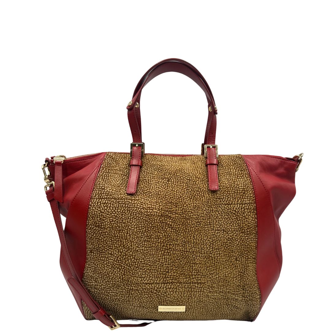 front  Borsa Borbonese in tessuto trama occhio di pernice e finiture in pelle rossa, di lusso, originale, ottime condizioni, usata 