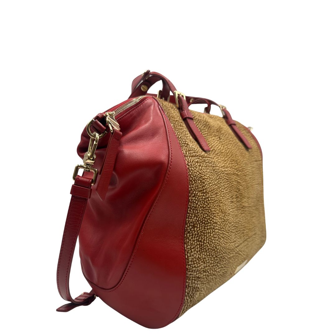  lato Borsa Borbonese in tessuto trama occhio di pernice e finiture in pelle rossa, di lusso, originale, ottime condizioni, usata