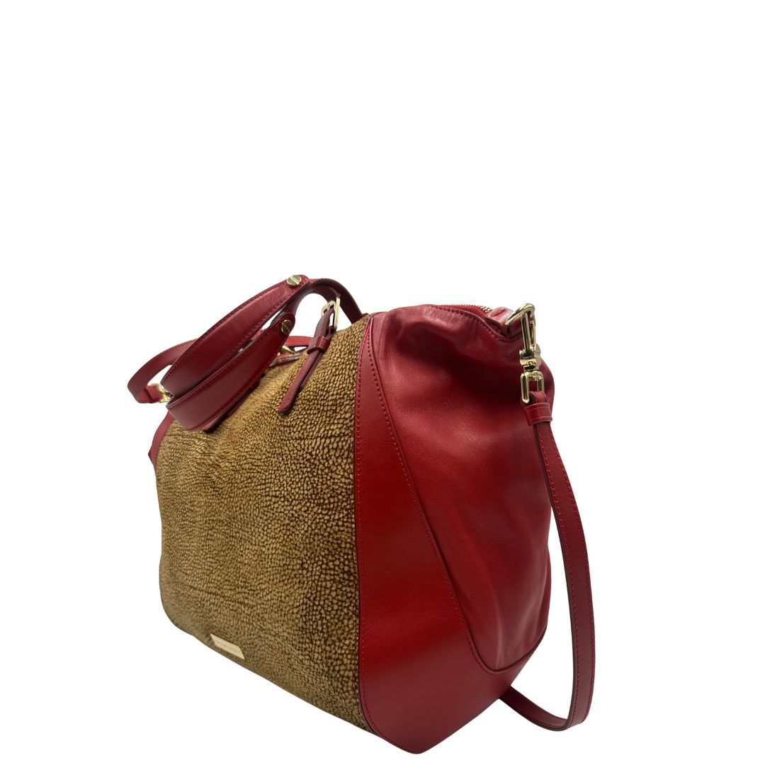 lato  Borsa Borbonese in tessuto trama occhio di pernice e finiture in pelle rossa, di lusso, originale, ottime condizioni, usata 