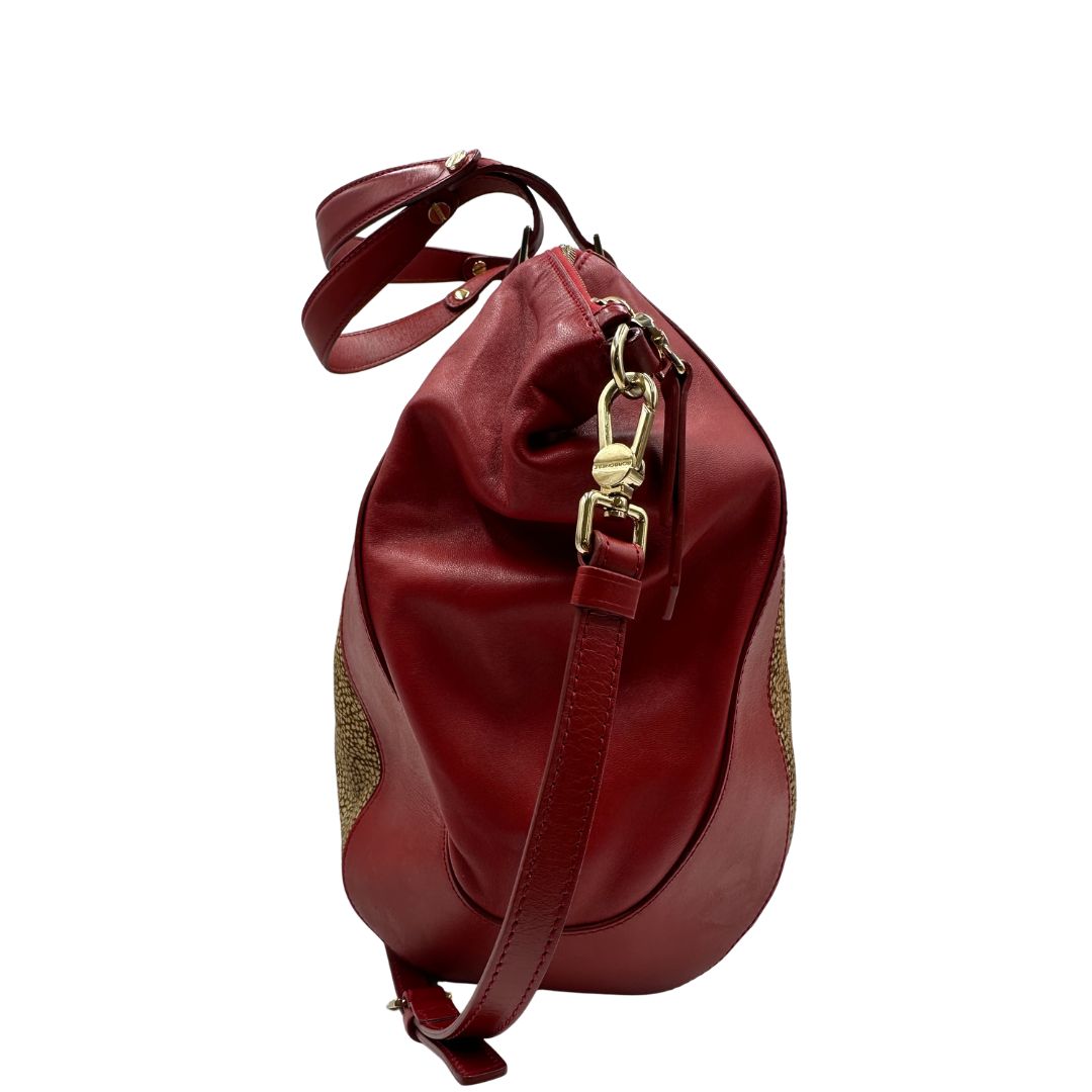  Borsa Borbonese in tessuto trama occhio di pernice e finiture in pelle rossa, di lusso, originale, ottime condizioni, usata