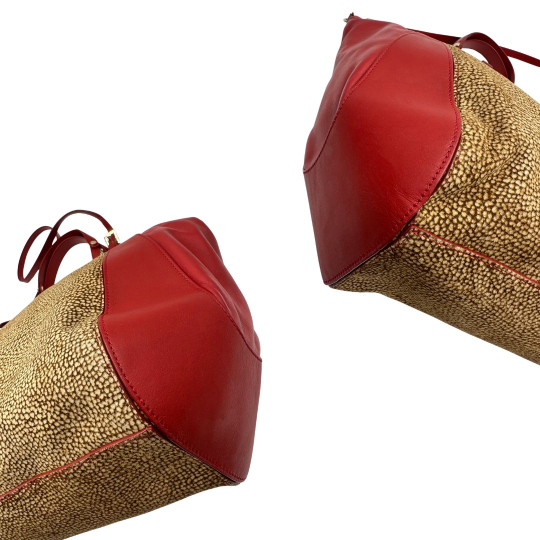 angoli  Borsa Borbonese in tessuto trama occhio di pernice e finiture in pelle rossa, di lusso, originale, ottime condizioni, usata 