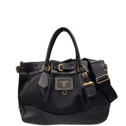  Borsa Prada in pelle nera e tessuto tono su tono con hardware dorato, indossabile a spalla o a tracolla, di lusso, originale, ottime condizioni 
