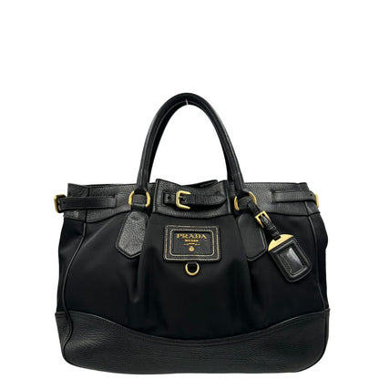  Borsa Prada in pelle nera e tessuto tono su tono con hardware dorato, indossabile a spalla o a tracolla, di lusso, originale, ottime condizioni front