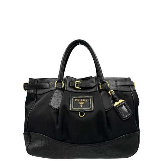  Borsa Prada in pelle nera e tessuto tono su tono con hardware dorato, indossabile a spalla o a tracolla, di lusso, originale, ottime condizioni front