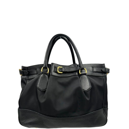 retro  Borsa Prada in pelle nera e tessuto tono su tono con hardware dorato, indossabile a spalla o a tracolla, di lusso, originale, ottime condizioni 