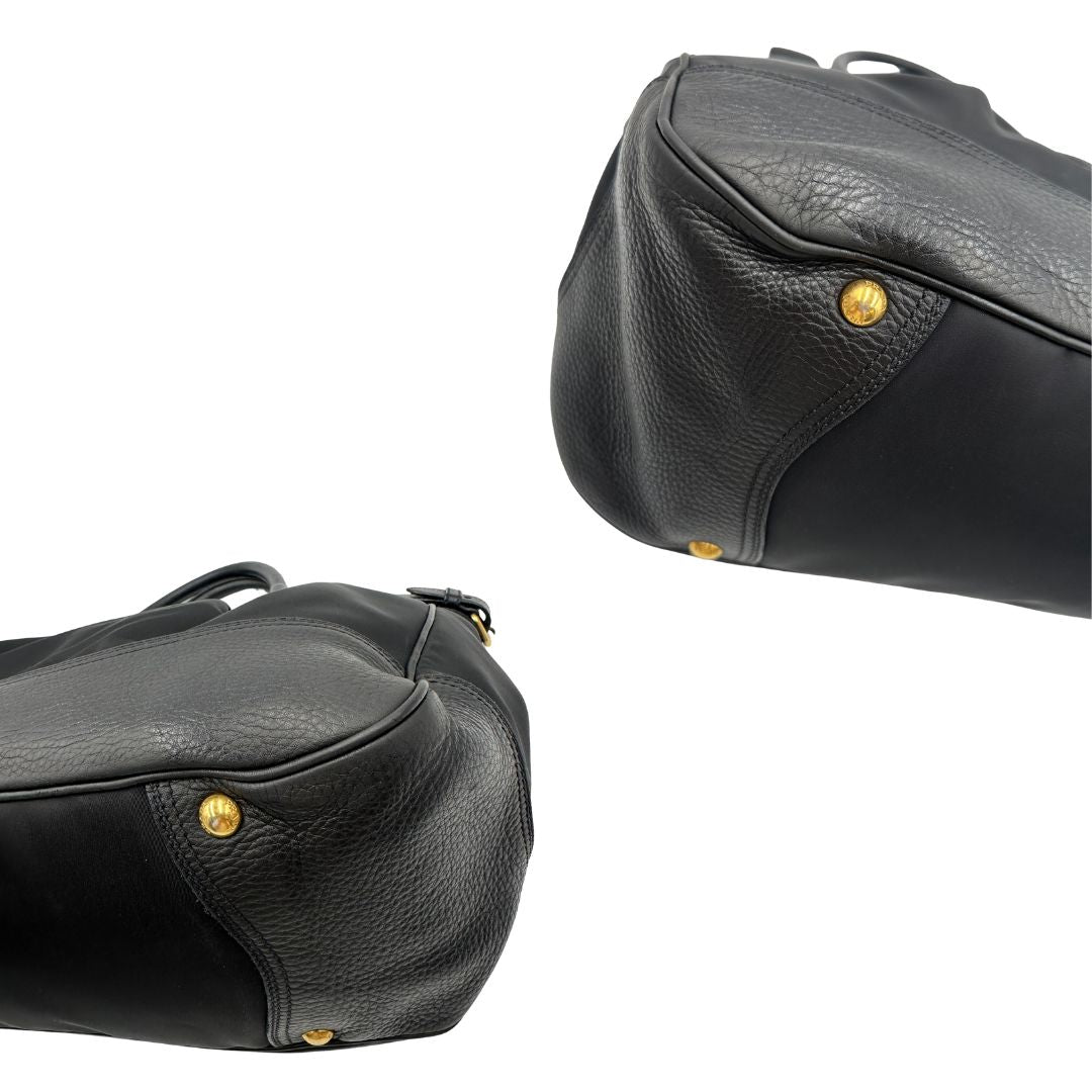 angoli  Borsa Prada in pelle nera e tessuto tono su tono con hardware dorato, indossabile a spalla o a tracolla, di lusso, originale, ottime condizioni 