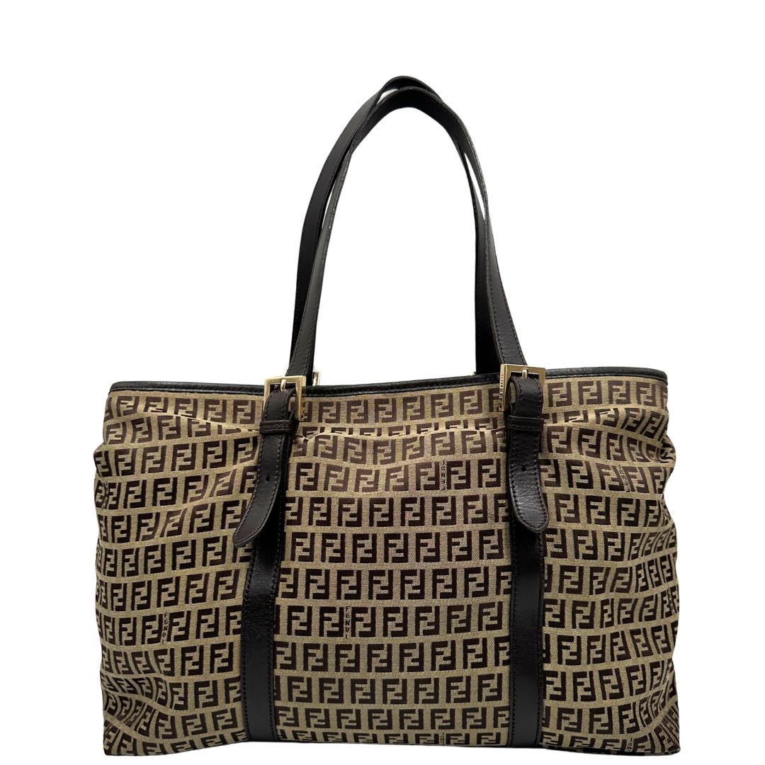 Borsa Fendi in tessuto trama Zucchino con finiture in pelle marrone, di lusso, originale, ottime condizioni, usata