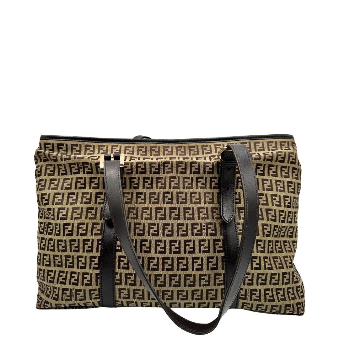 Borsa Fendi in tessuto trama Zucchino con finiture in pelle marrone, di lusso, originale, ottime condizioni, usata