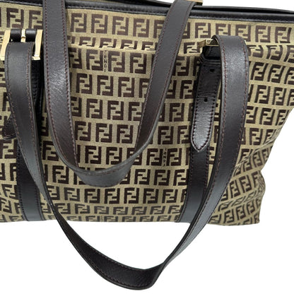 Borsa Fendi in tessuto trama Zucchino con finiture in pelle marrone, di lusso, originale, ottime condizioni, usata