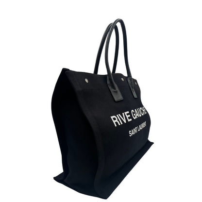 Borsa tote Saint Laurent Rive Gauche realizzata in tessuto nero con manici in pelle tono su tono, di lusso, originale , ottime condizioni, usata