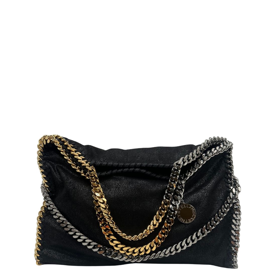 front  Borsa Falabella nella versione fold over tote nera, con hardware dorato e argentato, di lusso, originale, ottime condizioni, usata 
