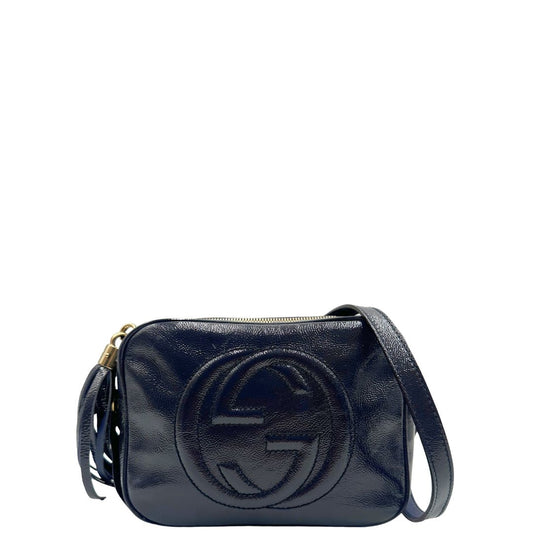 front  Borsa Gucci Soho in pelle color blu notte, con iconica G sul front, munita di una tracolla regolabile, di lusso, originale, ottime condizioni 