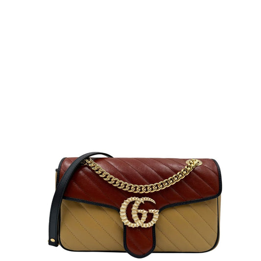 BranBorsa Gucci Marmont in pelle trapuntata chevron in doppia colorazione terra di siena e beige con profili blu notte