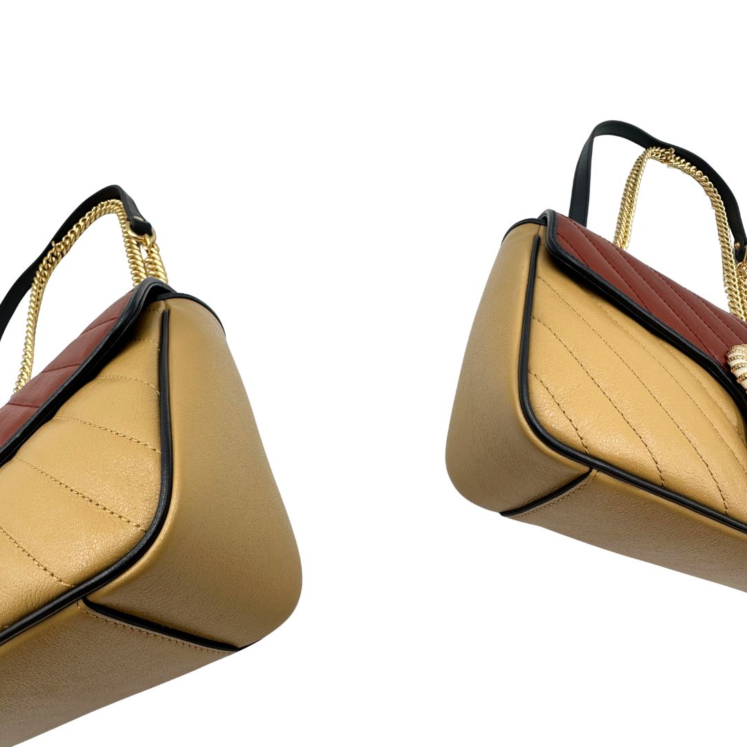 BranBorsa Gucci Marmont in pelle  in doppia colorazione terra di siena e beige con profili blu notte