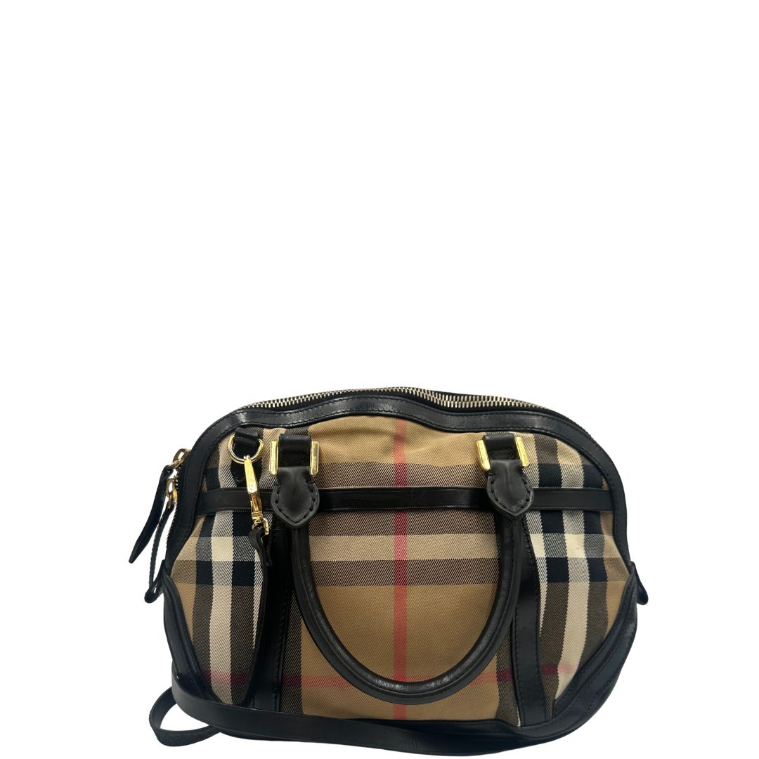 Borsa Burberry in tessuto trama tartan con finiture in pelle nera