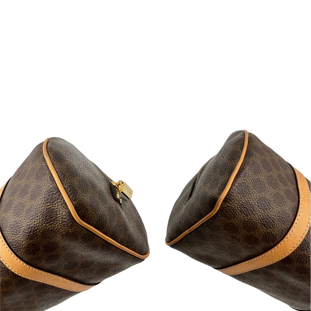 angoli bauletto Celine Macadam in canvas marrone con finiture in vacchetta, munito di doppi manici, di lusso, originale, ottime condizioni