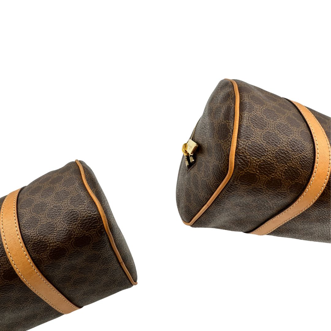 angoli bauletto Celine Macadam in canvas marrone con finiture in vacchetta, munito di doppi manici, di lusso, originale, ottime condizioni 