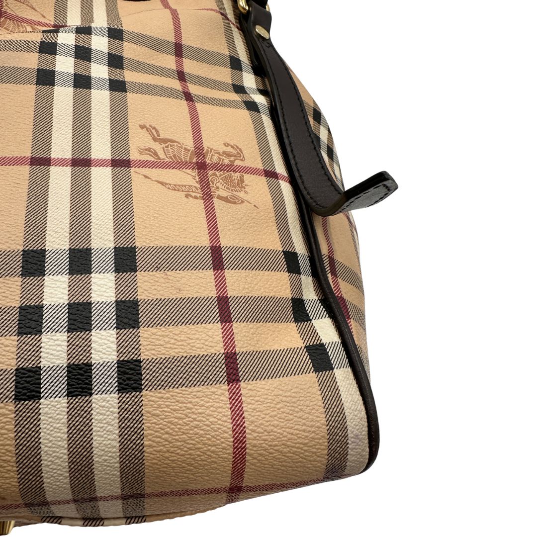 angolo Shopper Burberry in canvas beige con classica trama tartan e finiture in pelle