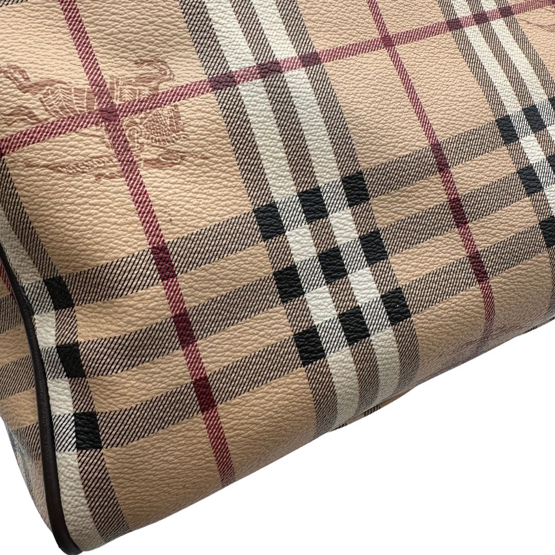 Shopper Burberry in canvas beige con classica trama tartan e finiture in pelle