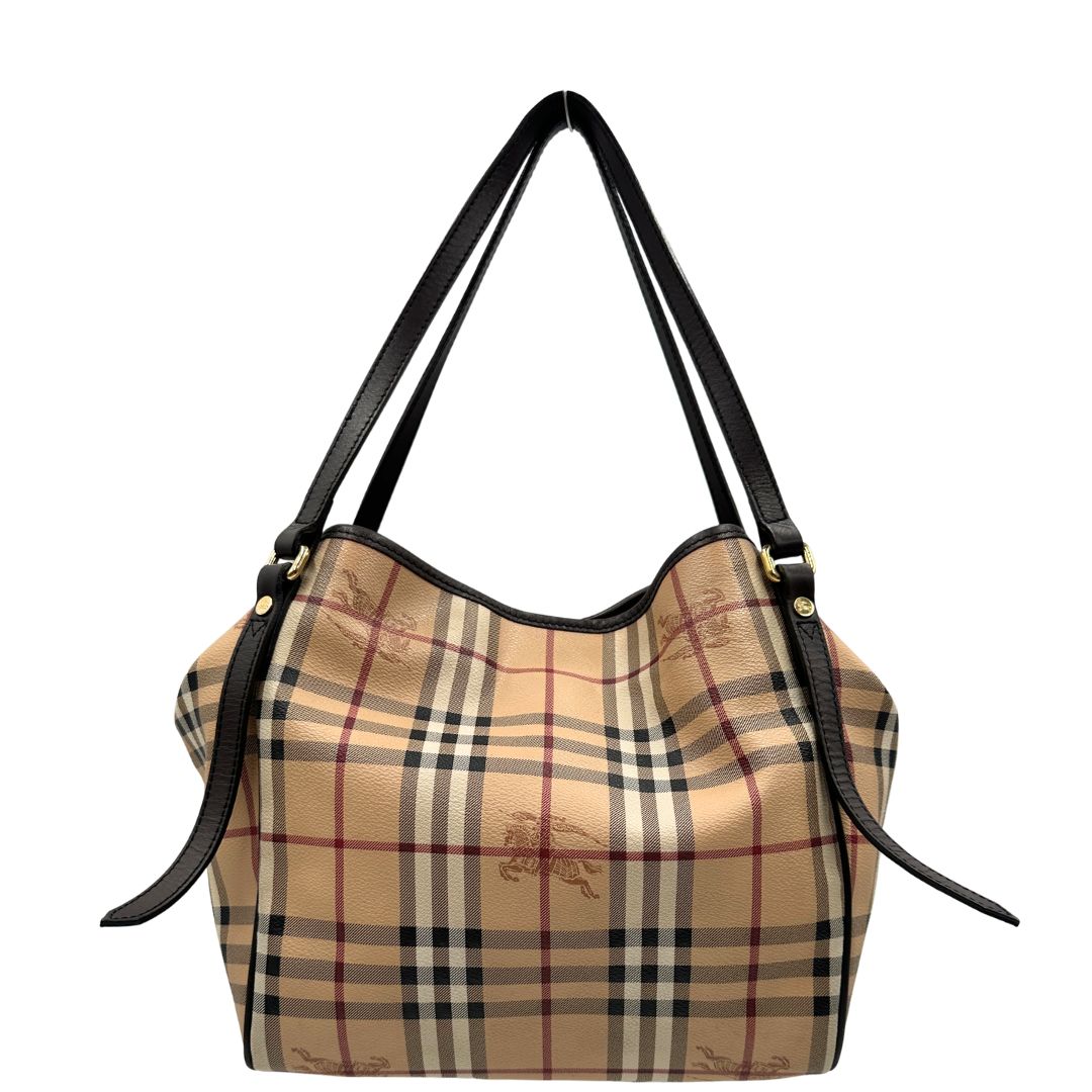 front  Shopper Burberry in canvas beige con classica trama tartan e finiture in pelle
