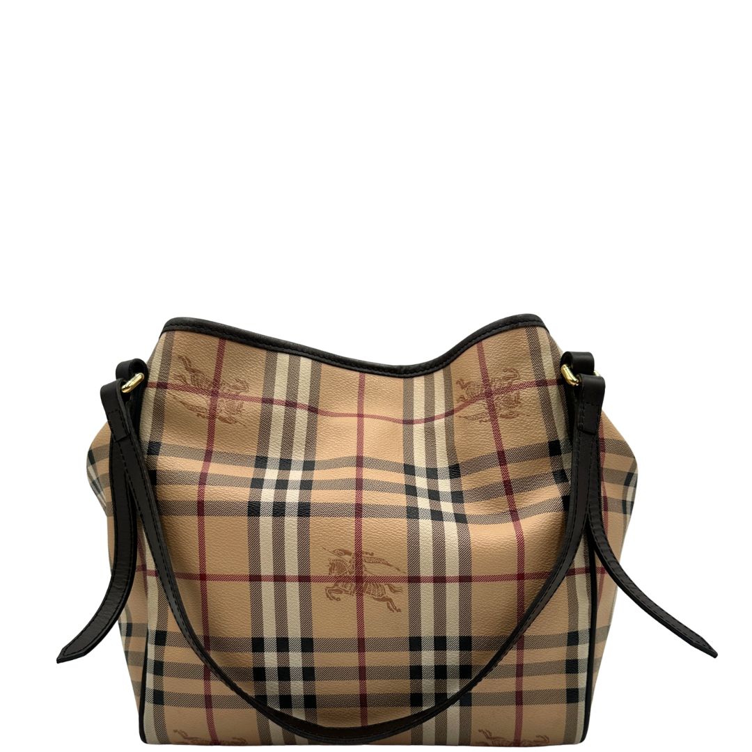 retro Shopper Burberry in canvas beige con classica trama tartan e finiture in pelle 