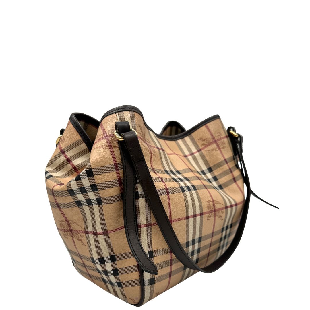 lato Shopper Burberry in canvas beige con classica trama tartan e finiture in pelle 