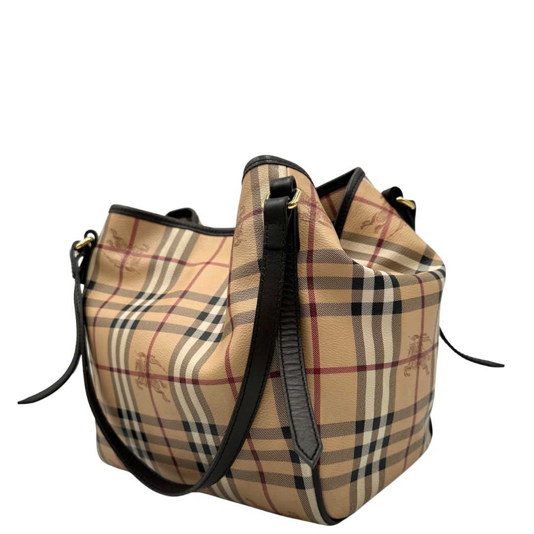 Shopper Burberry in canvas beige con classica trama tartan e finiture in pelle