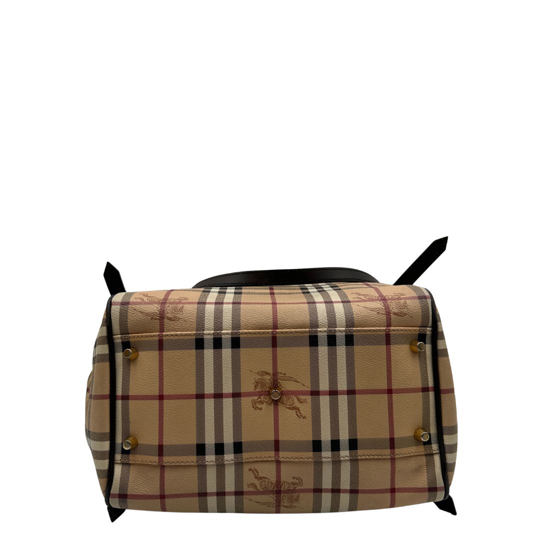 Shopper Burberry in canvas beige con classica trama tartan e finiture in pelle