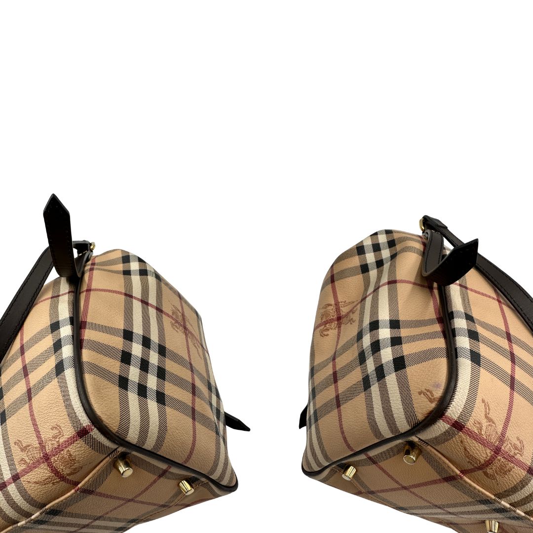 angoli Shopper Burberry in canvas beige con classica trama tartan e finiture in pelle