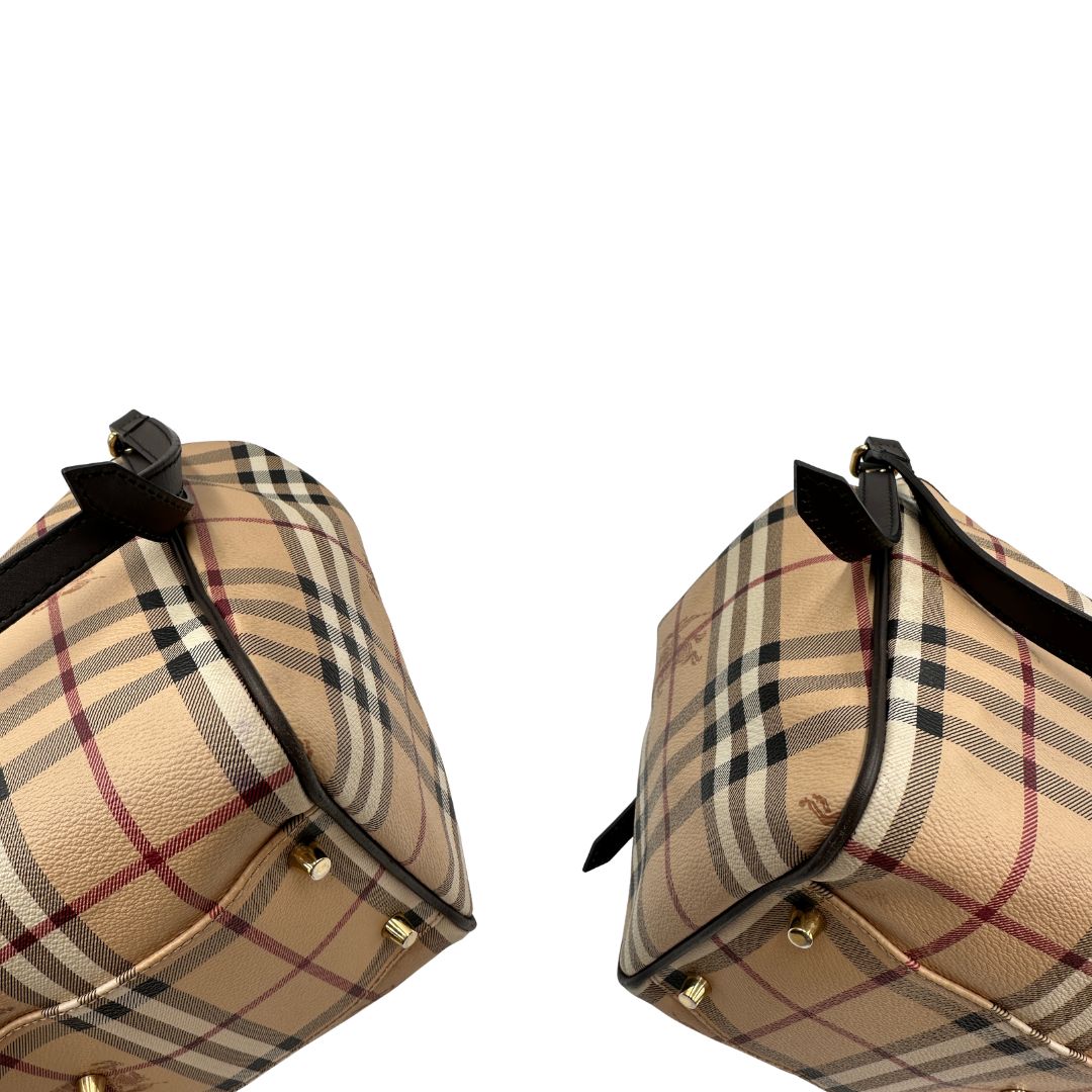 angoli Shopper Burberry in canvas beige con classica trama tartan e finiture in pelle