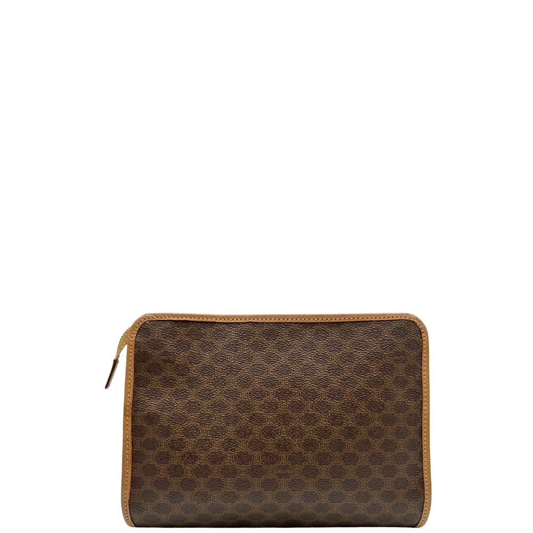 Retro, Pratica pochete Celine in canvas marrone con finiture in vacchetta.