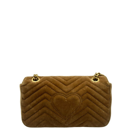 retro Borsa Gucci Marmont color cammello in velluto nella misura media, con parti in pelle tono su tono e hardware dorato 