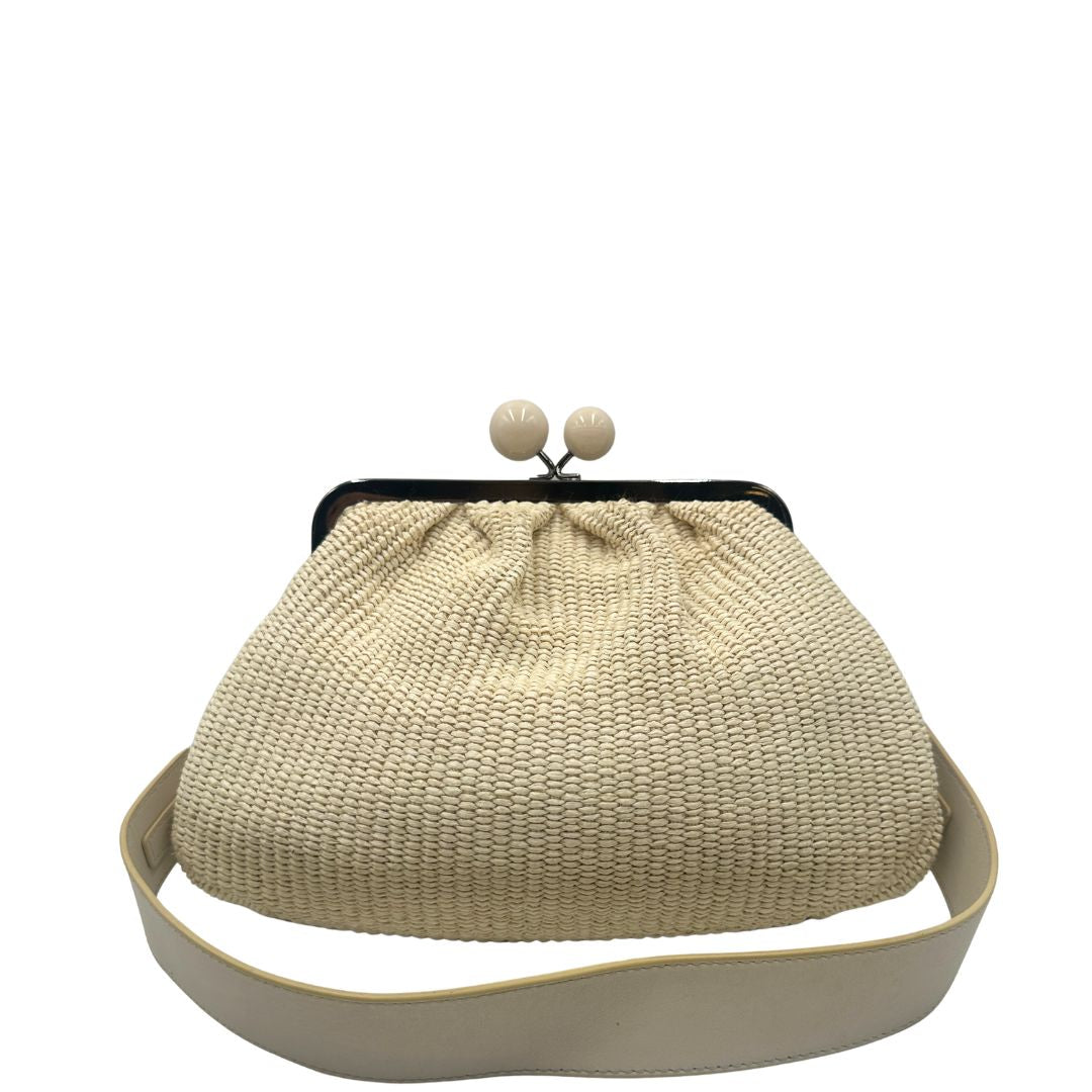 retro Iconico pasticcino Max Mara in tessuto effeto rafia, indossabile a spalla o a tracolla 